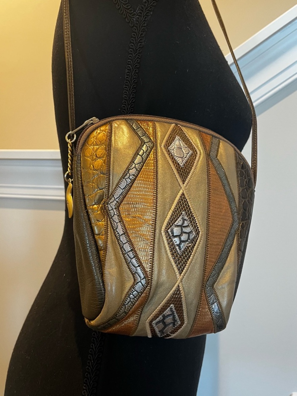 Vintage Sharif Metallic Gold & Brown Geometric Patchwork Crossbody Bag